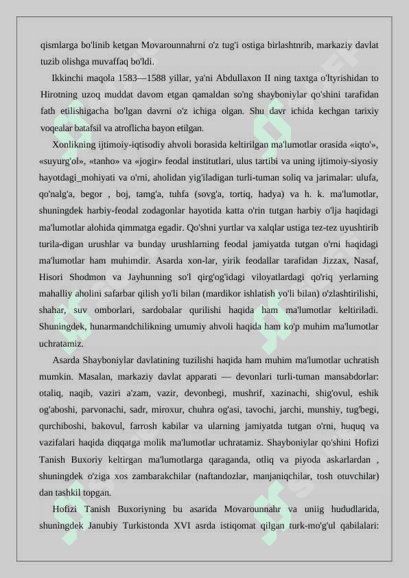 XVI—XIX asrning birinchi yarmida o'rta osiyo xalqlari tarixshunosligi 8