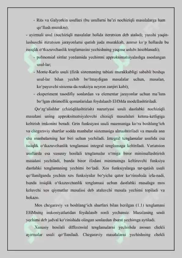 Parabolik tipdagi tenglamaga qo‘yilgan aralash masalani sonli yechish usuli 7