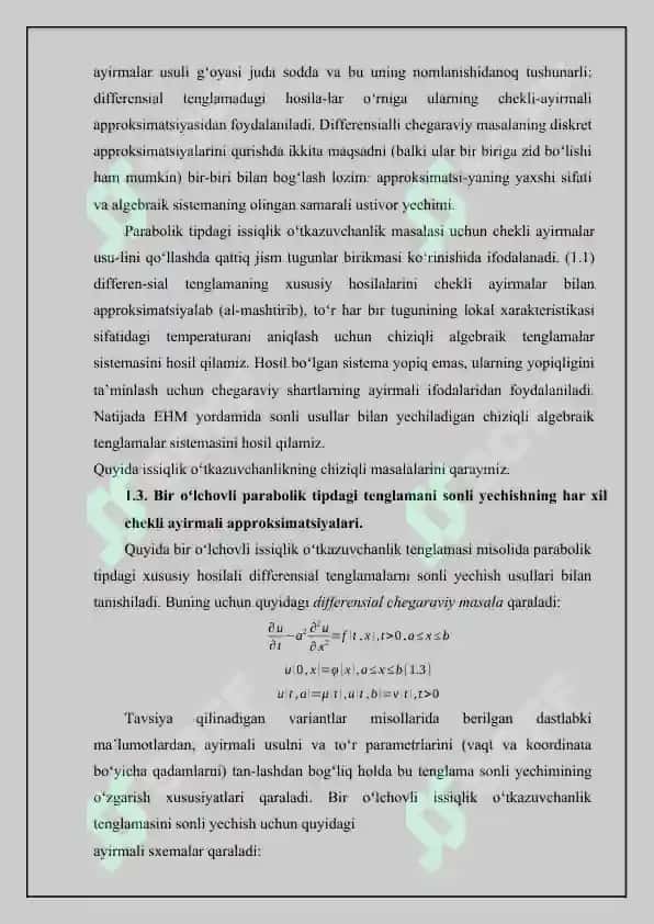Parabolik tipdagi tenglamaga qo‘yilgan aralash masalani sonli yechish usuli 8