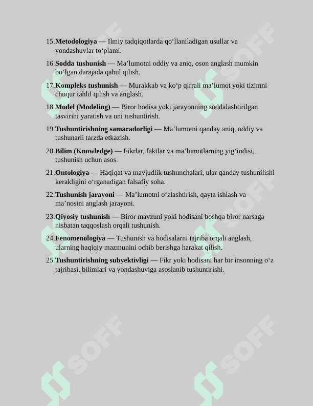 ( Fanda tushunish va tushuntirish muammosi ) mavzusida 25 ta atama va ularning izohlari 1