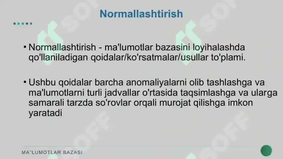 MA’LUMOTLAR BAZASINI NORMALLASHTIRISH: 1NF, 2NF, 3NF VA KODD NORMAL FORMALARI 5