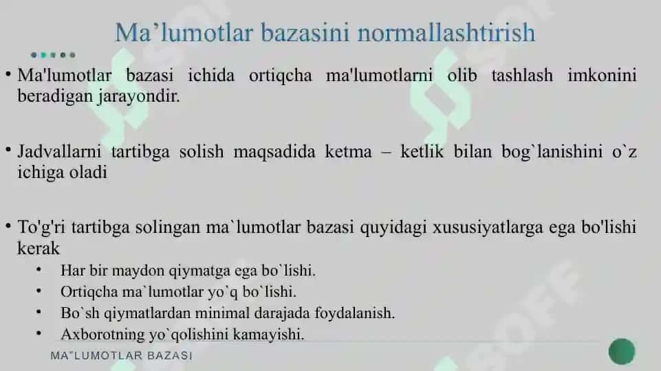 MA’LUMOTLAR BAZASINI NORMALLASHTIRISH: 1NF, 2NF, 3NF VA KODD NORMAL FORMALARI 6