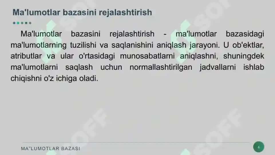 MA’LUMOTLAR BAZASINI RЕJALASHTIRISH, LOYIHALASH VA ADMINISTRATORLASH 4