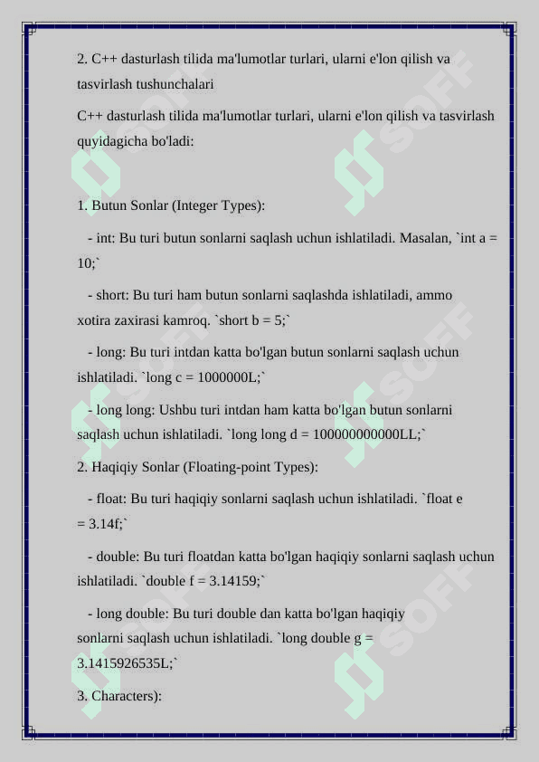 Dasturlashda ma'lumotlar tuzilmasining o‘rni va ahamiyati. S++ dasturlash tilida ma'lumotlar turlari, ularni e'lon qilish va tasvirlash tushunchalari. Vektorlar va ularni xossalari. Vektorlar ustida 4 ta amal bajarishga va xosil bo‘lgan 4ta vektorni ekranga chiqarishga doir dastur tuzing. 6
