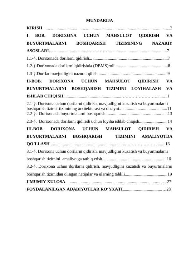 DORIXONA UCHUN DORILARNI QIDIRSH, MAVJUDLIGINI KUZATISH VA BUYURTMALARNI BOSHQARISH TIZIMI