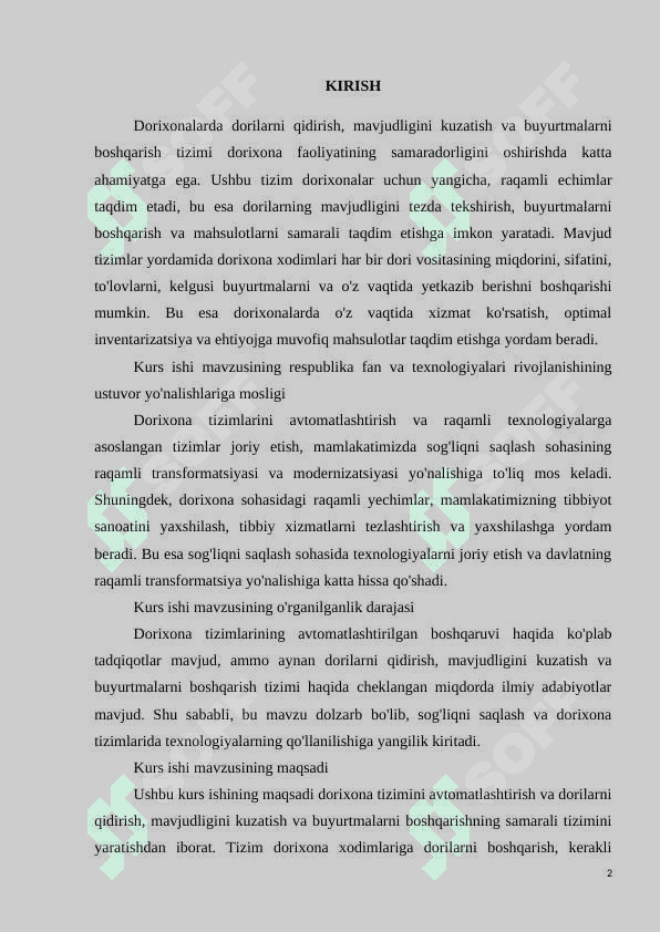 DORIXONA UCHUN DORILARNI QIDIRSH, MAVJUDLIGINI KUZATISH VA BUYURTMALARNI BOSHQARISH TIZIMI 2