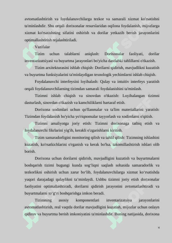DORIXONA UCHUN DORILARNI QIDIRSH, MAVJUDLIGINI KUZATISH VA BUYURTMALARNI BOSHQARISH TIZIMI 4