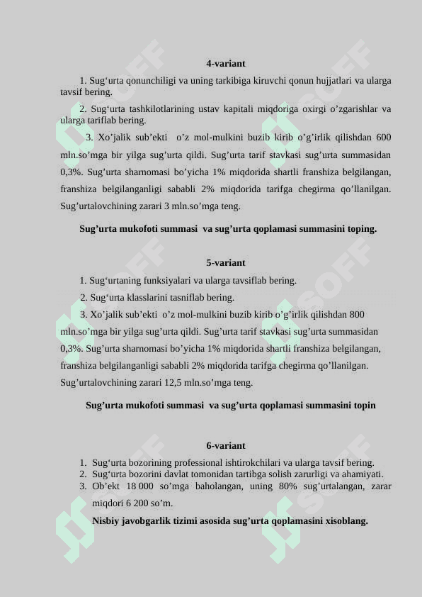 Sug`urta ishi fanidan nazorat uchun variantlar. 2