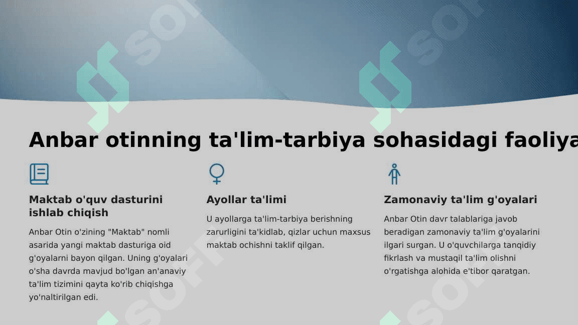 XIX asrning ikkinchi yarmi va XX asr boshlarida ta'lim va pedagogik fikrlar (Anbar otin, Furqat, Saidahmad Siddiqiy, Abdulla Avloniylarning ta'lim-tarbiya taraqqiyotida tutgan o'rni). 4