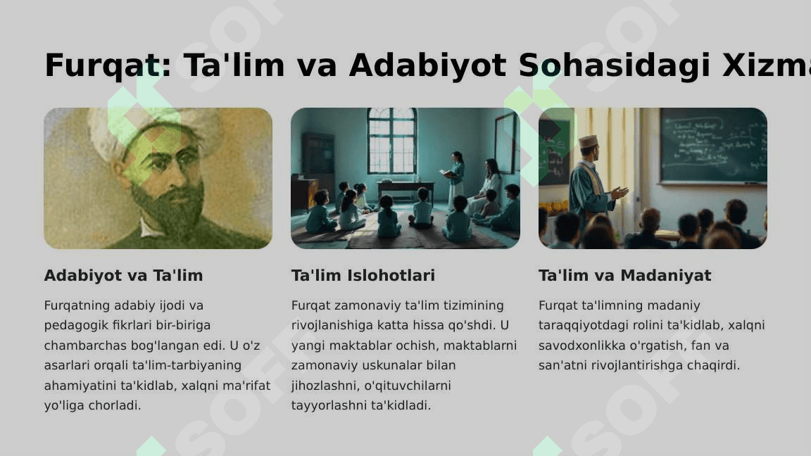XIX asrning ikkinchi yarmi va XX asr boshlarida ta'lim va pedagogik fikrlar (Anbar otin, Furqat, Saidahmad Siddiqiy, Abdulla Avloniylarning ta'lim-tarbiya taraqqiyotida tutgan o'rni). 6