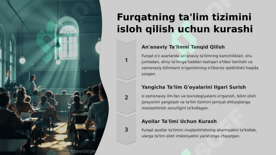 XIX asrning ikkinchi yarmi va XX asr boshlarida ta'lim va pedagogik fikrlar (Anbar otin, Furqat, Saidahmad Siddiqiy, Abdulla Avloniylarning ta'lim-tarbiya taraqqiyotida tutgan o'rni). 7