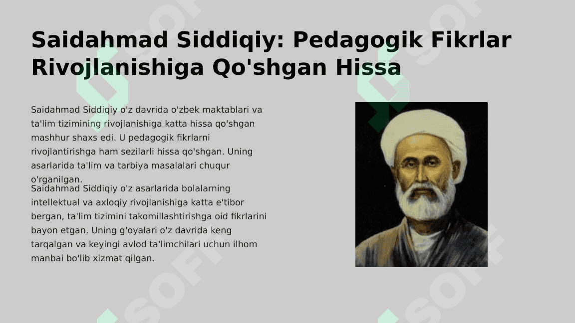 XIX asrning ikkinchi yarmi va XX asr boshlarida ta'lim va pedagogik fikrlar (Anbar otin, Furqat, Saidahmad Siddiqiy, Abdulla Avloniylarning ta'lim-tarbiya taraqqiyotida tutgan o'rni). 8