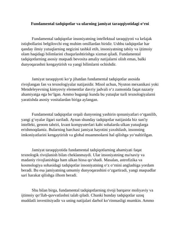 Fundamental tadqiqotlar va ularning jamiyat taraqqiyotidagi o‘rni 1 Esse