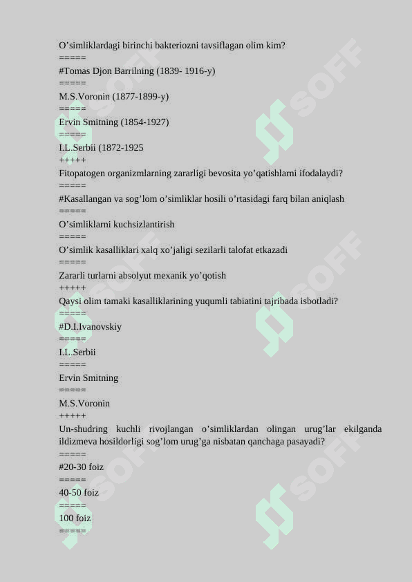 Fitopotologiyadan yakuniy test savollari javobi bilan 4