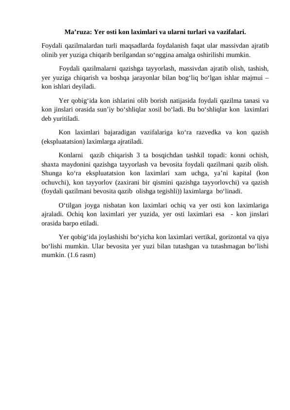 Yer osti kon laximlari va ularni turlari va vazifalari.