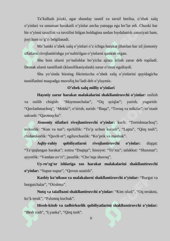 Milliy o’yinlаrning mаzmuni, mоhiyati vа mаqsаdgа оid tаsnifi 8