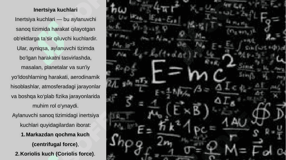 Аylаnuvchi sаnoq tizimidаgi inertsiya kuchlаri. Mаrkаzdаn qochmа vа Koriolis inertsiya kuchlаr 6