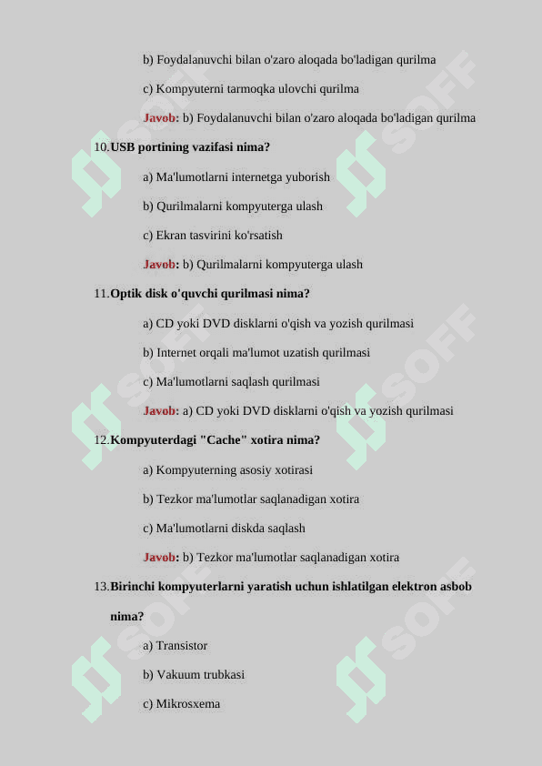 Kompyuterning asosiy qismlari boʻyicha 30 ta test savollari javoblari bilan 3