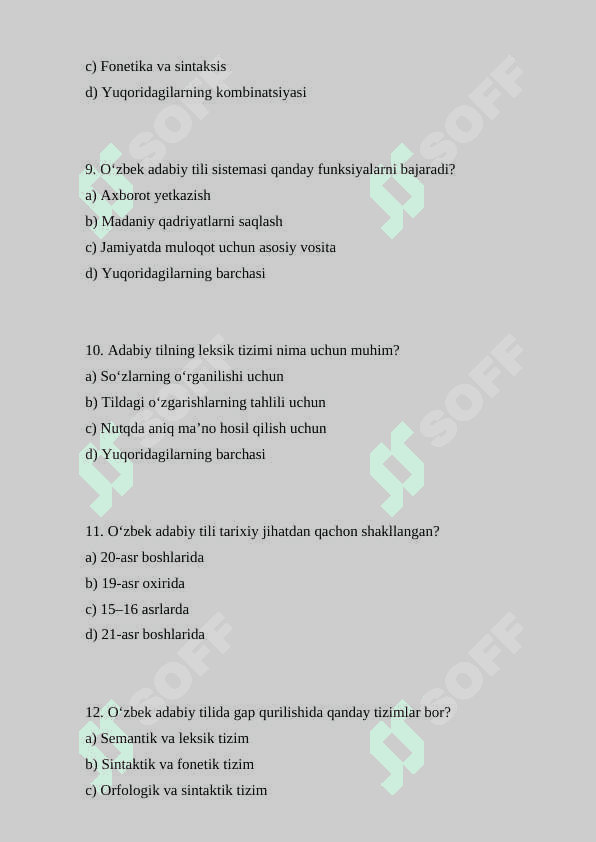 Oʻzbek adabiy tili sistemasi haqida maʼlumot mavzusida test to‘g‘ri javiblari bilan(TEST) 3