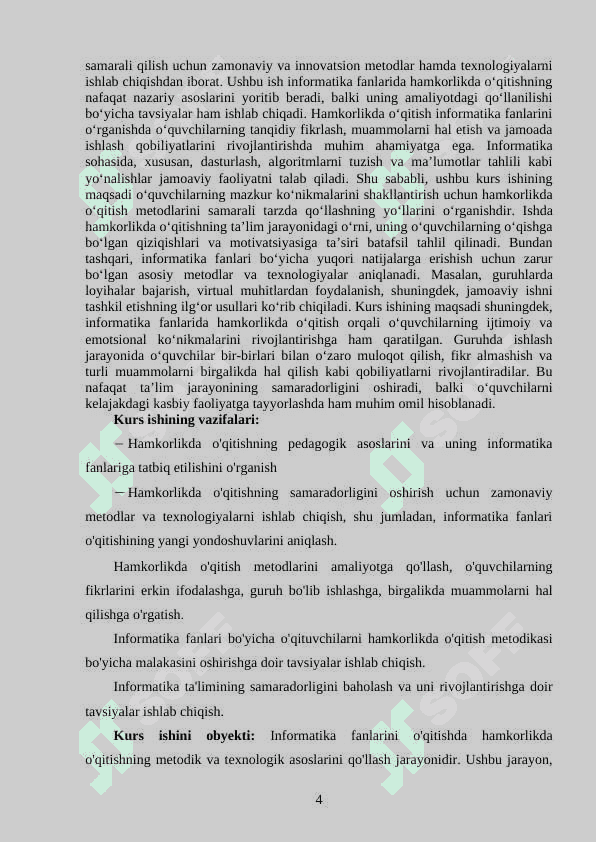 INFARMATIKA FANLARINI OQITISHDA HAMKORLIKDA O’QITISHNI REJALASHTIRISH 4