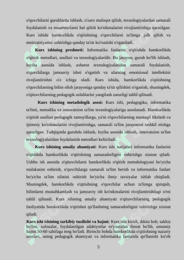 INFARMATIKA FANLARINI OQITISHDA HAMKORLIKDA O’QITISHNI REJALASHTIRISH 5