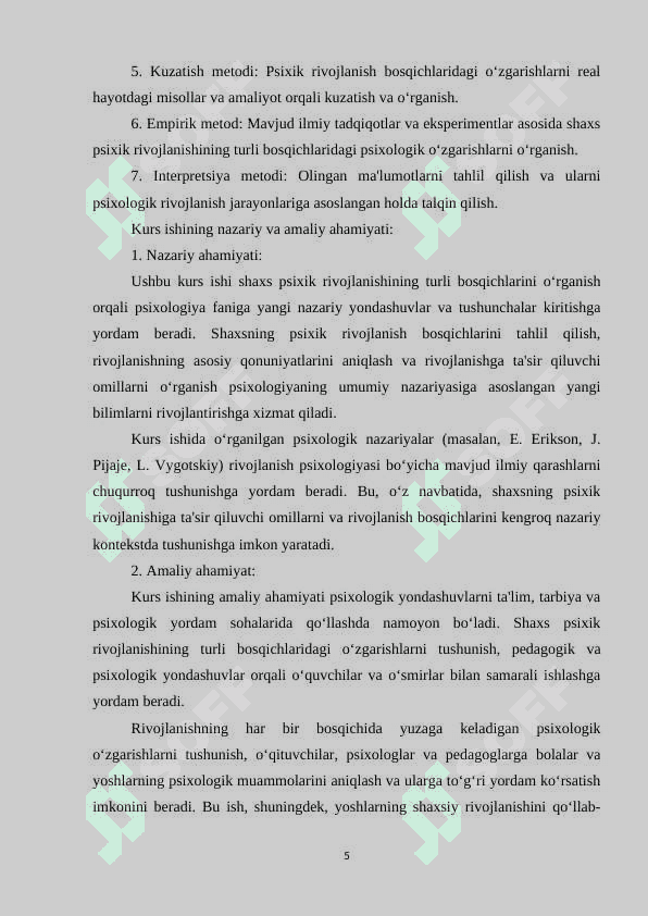 Shaxs psixik rivojlanishining bosqichlari 5