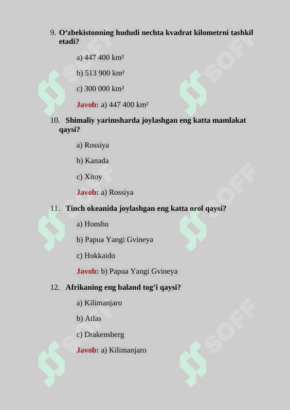 Geografiya fani boʻyicha 30 ta test savollari javoblari bilan 3