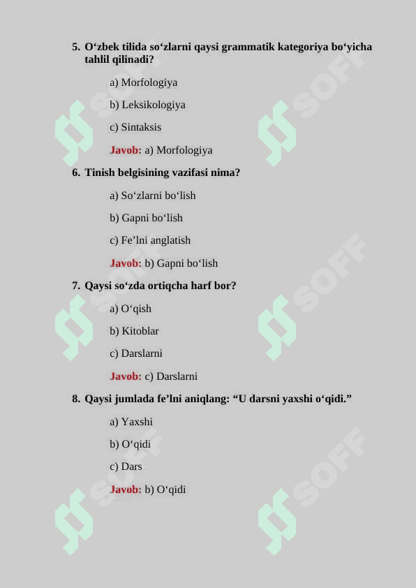 Ona tili fani boʻyicha 30 ta test savollari javoblari bilan 2
