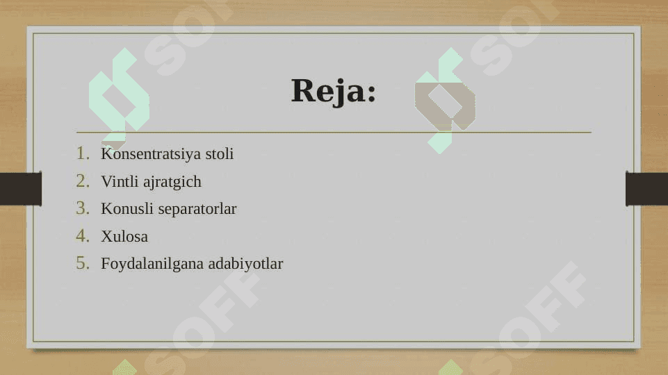 Kontsentratsion stollar. Vintli va konusli separatorlar 2