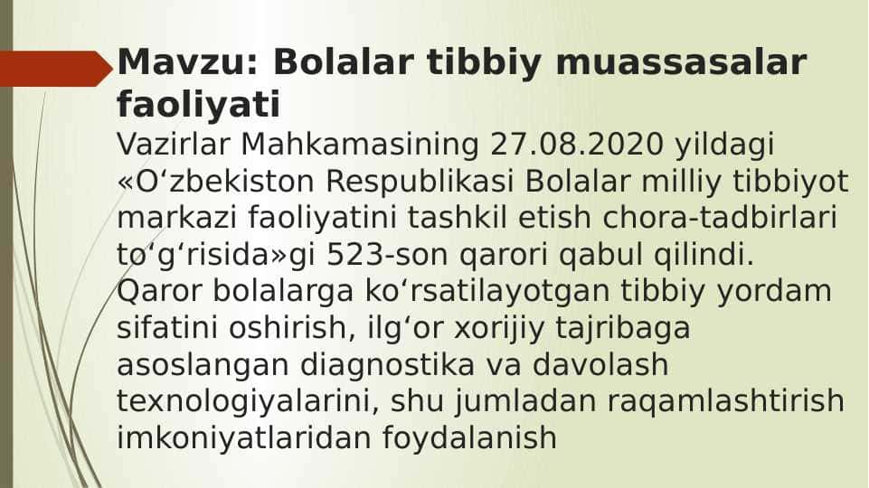 Bolalar tibbiy muassasalar faoliyati