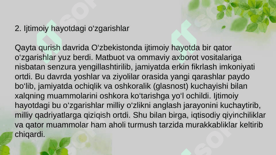 Qayta qurish yillarida O'zbekistondagi ijtimoiy-siyosiy vaziyat 4