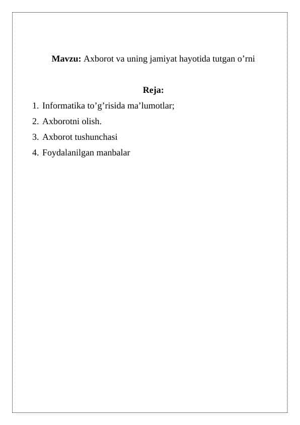 Axborot va uning jamiyat hayotida tutgan o'rni