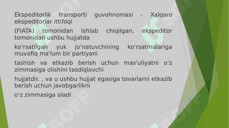 Хаlqаrо tаrаnspоrt-ekspеditоrlik хizmаti ko‘rsаtishdа FIATA hujjаtlаrining o‘rni, аhаmiyati vа ulаrdаn fоydаlаnish tаrtibi bilan tanishib chiqish 2