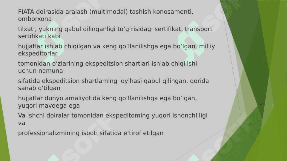 Хаlqаrо tаrаnspоrt-ekspеditоrlik хizmаti ko‘rsаtishdа FIATA hujjаtlаrining o‘rni, аhаmiyati vа ulаrdаn fоydаlаnish tаrtibi bilan tanishib chiqish 3