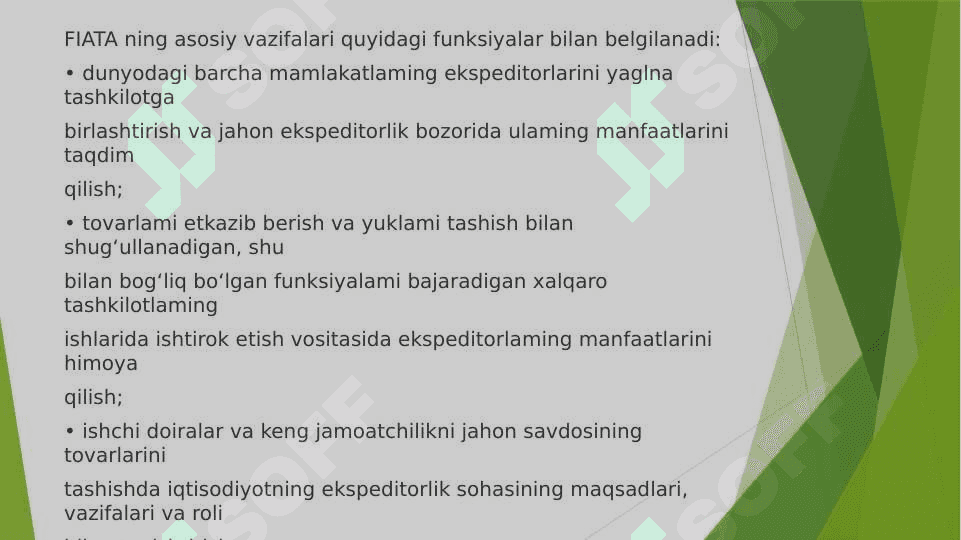 Хаlqаrо tаrаnspоrt-ekspеditоrlik хizmаti ko‘rsаtishdа FIATA hujjаtlаrining o‘rni, аhаmiyati vа ulаrdаn fоydаlаnish tаrtibi bilan tanishib chiqish 4