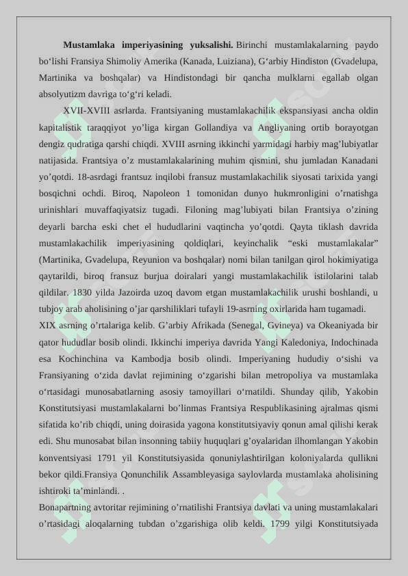 FRANSIYANING AFRIKADAGI MUSTAMLAKACHILIK SIYOSATI 24 7