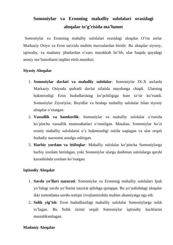 Somoniylar   va   Eronning   mahalliy   sulolalari   orasidagi aloqalar to’g’risida ma’lumot  24