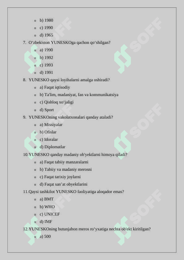 YUNESKO va uning faoliyati  mavzusiga oid test tuzish 24 2