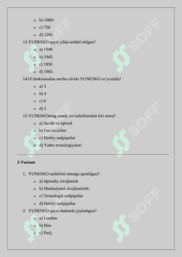 YUNESKO va uning faoliyati  mavzusiga oid test tuzish 24 3