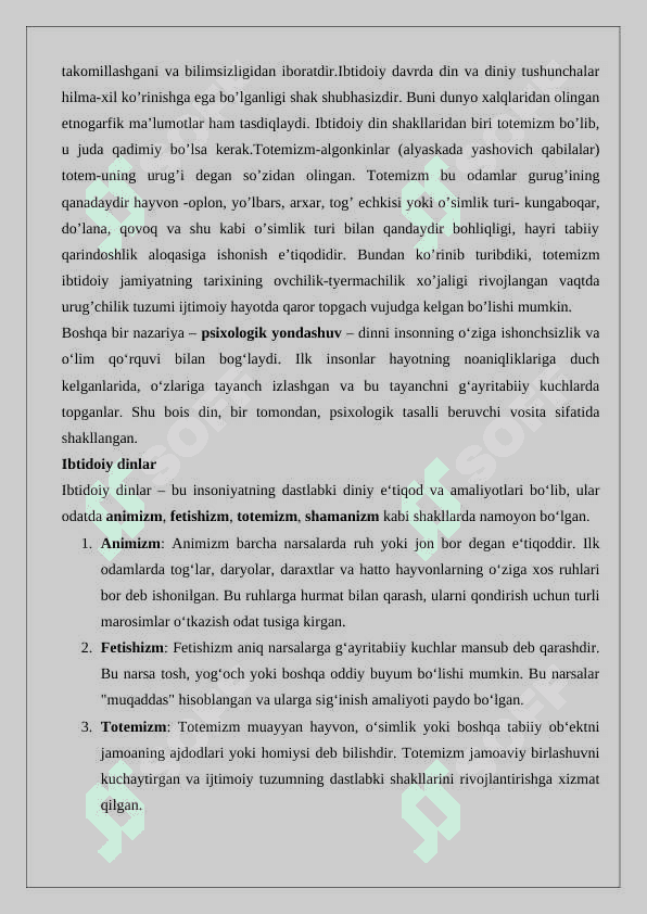 Dinning kelib chiqishi va ibtidoiy dinlar esse 2