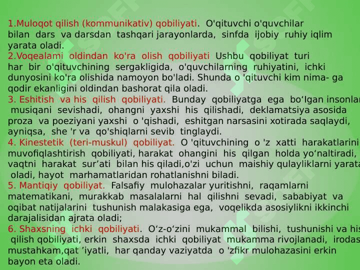 Pedagogik qobiliyatning turlari va ularning tasnifi 5