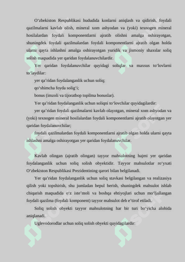 Yer qa’ridan foydalanuvchilar uchun soliqlar va maxsus tо‘lovlar. Suv resurslaridan foydalanganlik uchun soliq 2