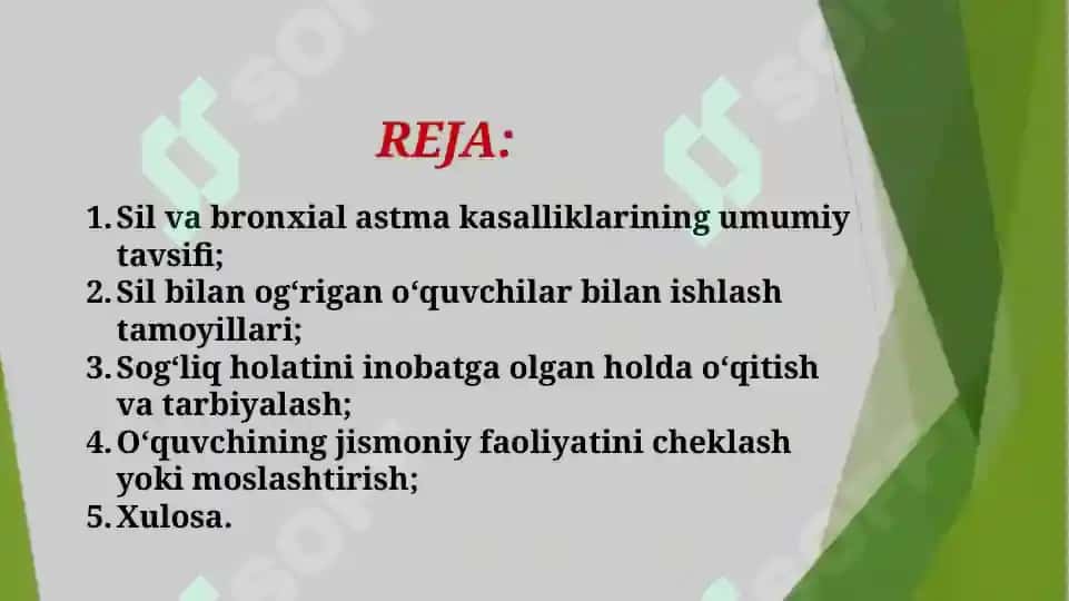 Sil va bronxial astma kasalliklari bilan og‘rigan maktab o‘quvchilari bilan mashg‘ulot o‘tish tamoyillari (TAQDIMOT) 2