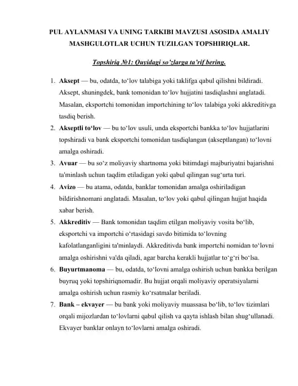 PUL AYLANMASI VA UNING TARKIBI MAVZUSI ASOSIDA AMALIY MASHGULOTLAR UCHUN TUZILGAN TOPSHIRIQLAR
