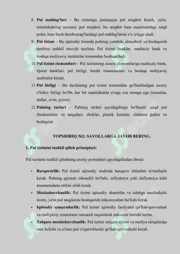 PUL TIZIMIMAZMUNI,TURLARI VA ELEMENTLARI MAVZUSI ASOSIDA AMALIY MASHGULOTLAR UCHUN TUZILGAN TOPSHIRIQLAR 2