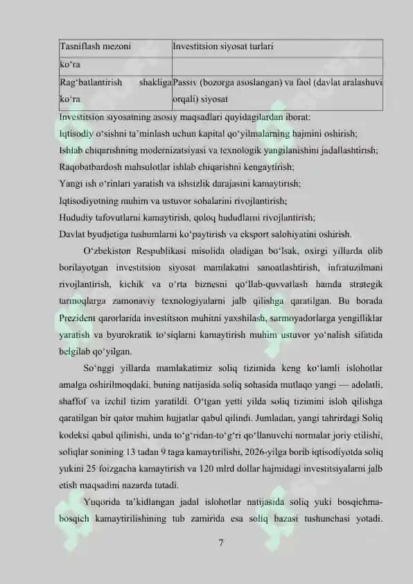 Davlatning tarkibiy tuzilmaviy va investitsion siyosati. 7