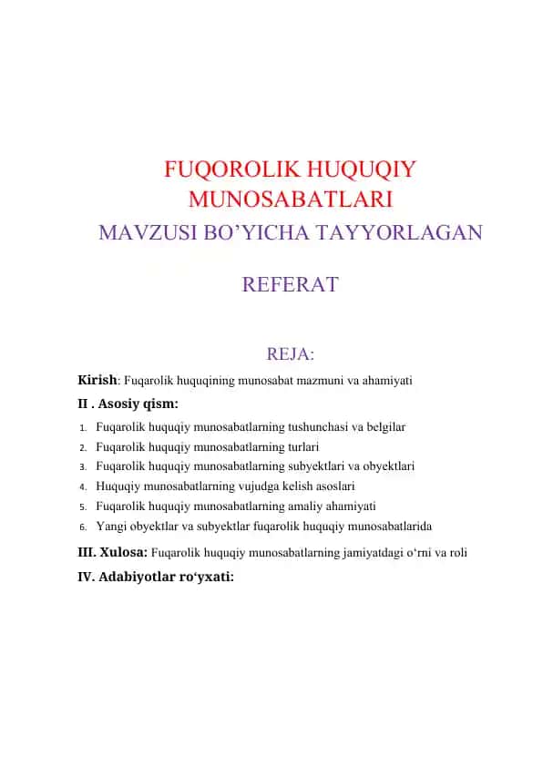 FUQOROLIK HUQUQIY MUNOSABATLARI REFERAT