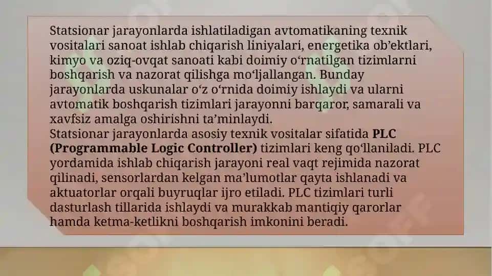 Statsionar va mobil jarayonlarda ishlatiladigan avtomatikaning texnik vositalari, 3