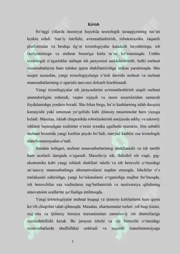 Yangi texnologiyalarga o‘tish davrida mehnat va mehnat munosabatlarini o‘zgarishi 2