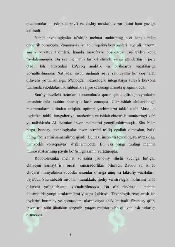 Yangi texnologiyalarga o‘tish davrida mehnat va mehnat munosabatlarini o‘zgarishi 5